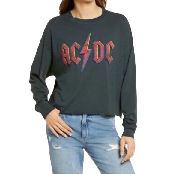 Free People Daydreamer Size S AC/DC Long Sleeve Graphic Tee Charcoal Black Boxy - Picture 7 of 9